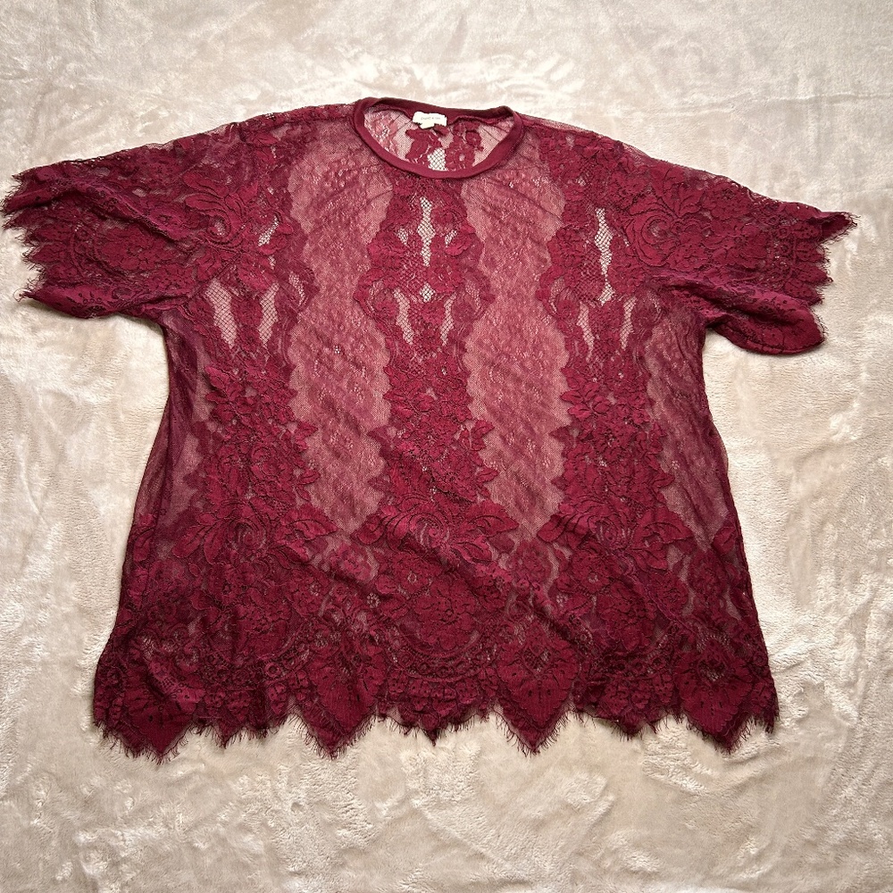 Paper Tee Sheer Burgundy Lace Blouse Womens 3X Whimsigoth Dark Fairy Grunge‎